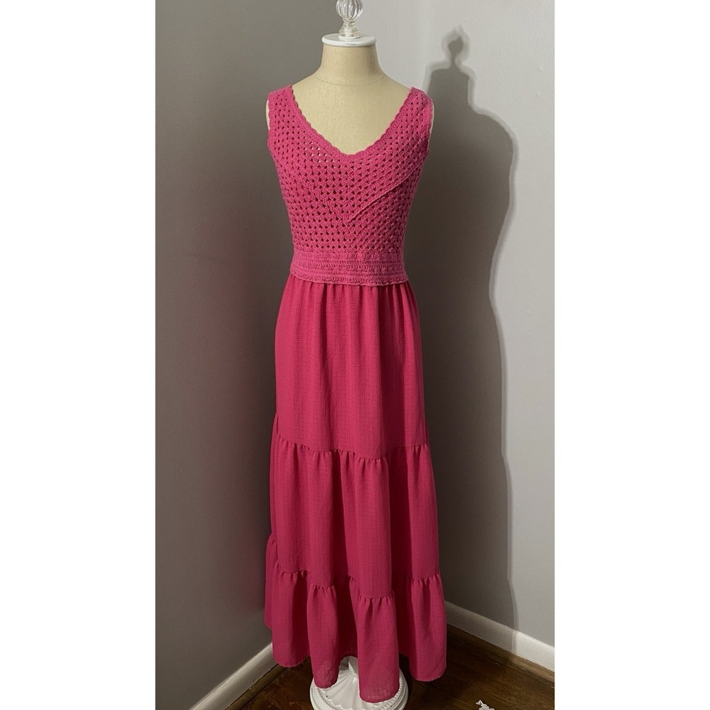 Womens Tiered Maxi Sundress Fuchsia Crochet Bodice BOHO Festival Resort Wear SzL